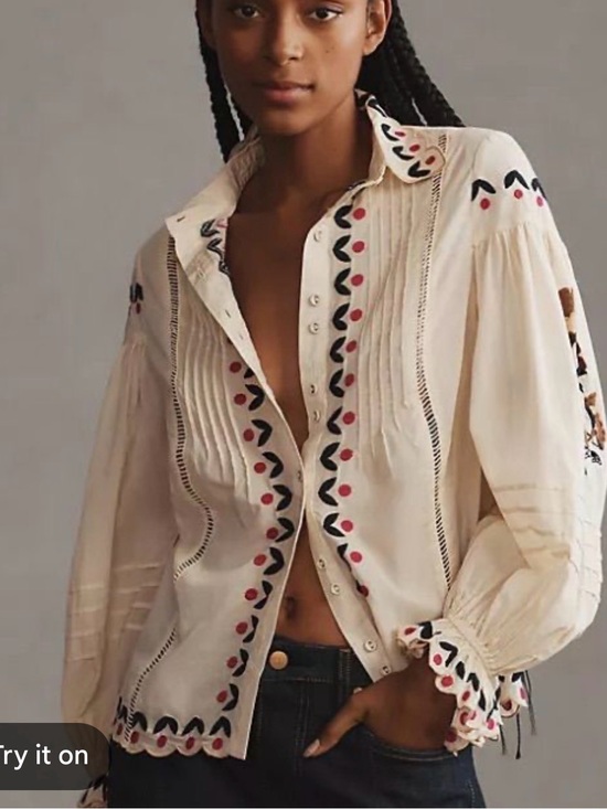 FARM Rio Tops - FARM Rio Cream Button-Down Blouse with Black & Pink Embroidery